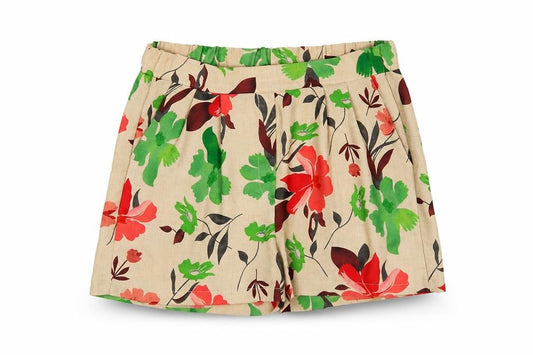 OQQA Women's Beige Floral Cotton Blend Pleated Chino Shorts XL