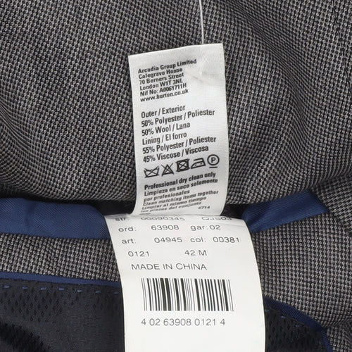 Burton Menswear London Grey 42R Men's Regular Fit Wool Blend Suit Jacket