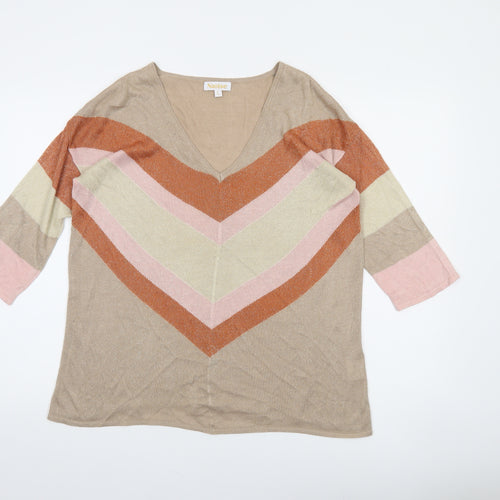 Naoise Women’s Beige V-Neck Striped Pullover Jumper Size L