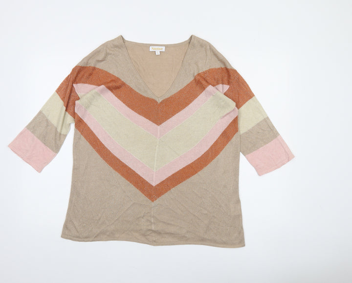 Naoise Women’s Beige V-Neck Striped Pullover Jumper Size L