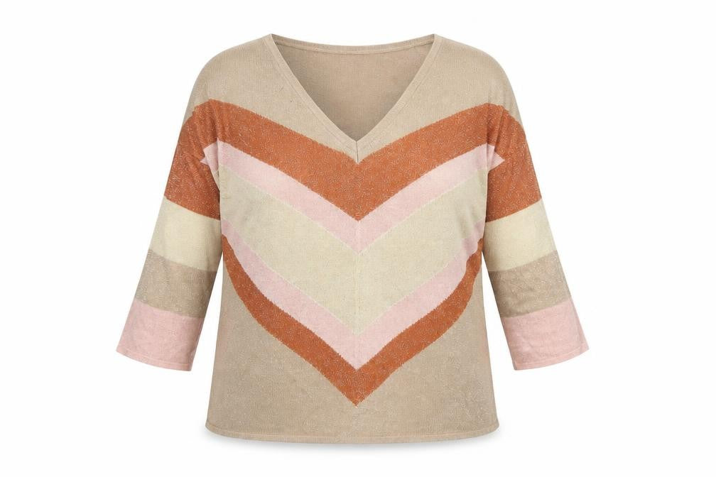 Front view of Naoise Women’s Beige V-Neck Striped jumper, size L
