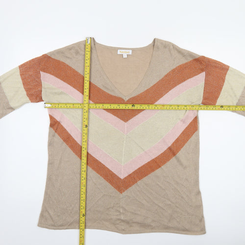 Naoise Women’s Beige V-Neck Striped Pullover Jumper Size L