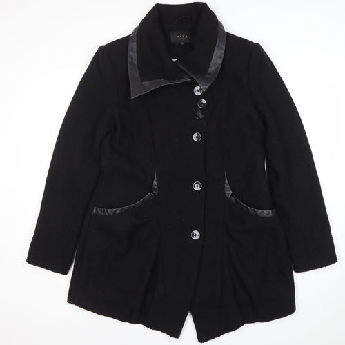 Vila Women’s Black Wool Blend Mid-Length Coat XL Button Classic Style