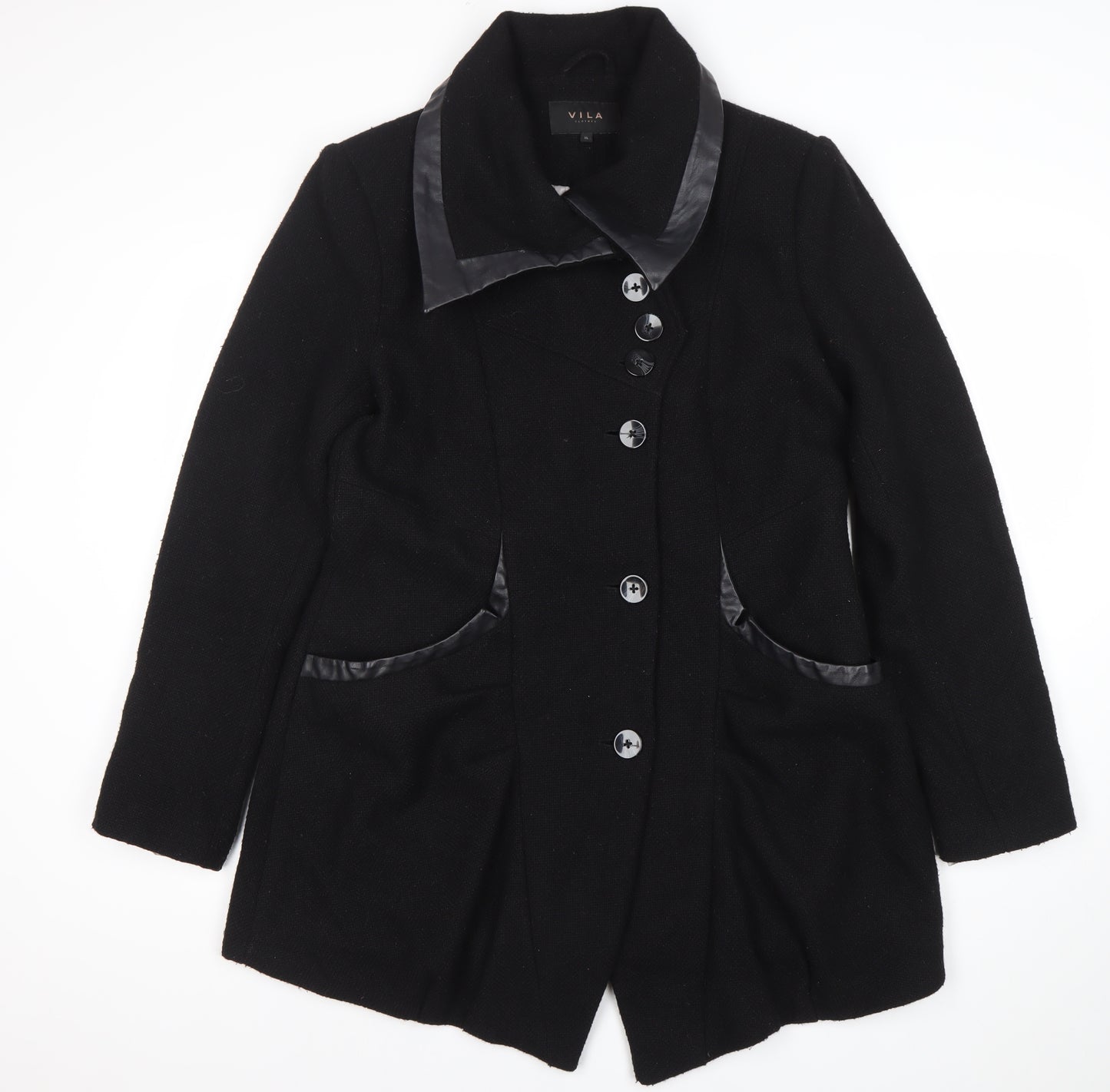 Vila Women’s Black Wool Blend Mid-Length Coat XL Button Classic Style