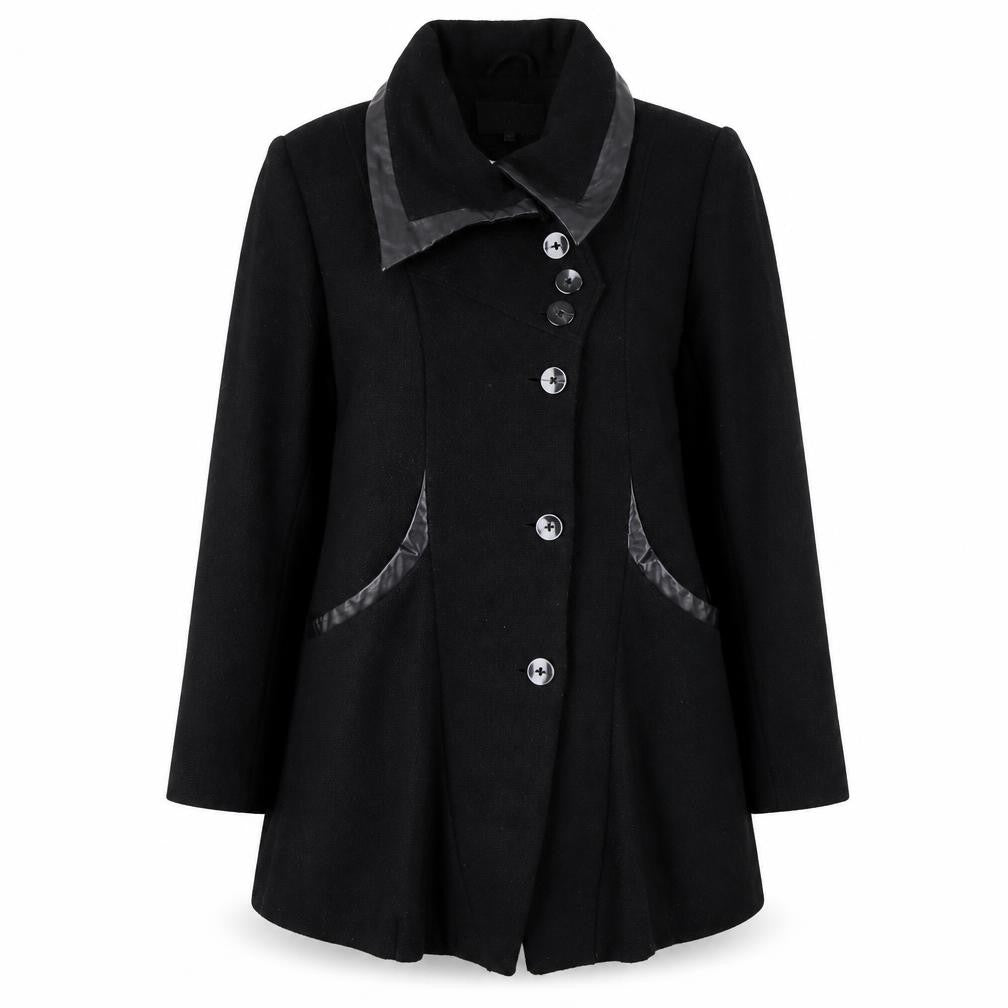 Front view of VILA Women’s Black Wool Blend Mid-Length Coat XL Button Classic Style