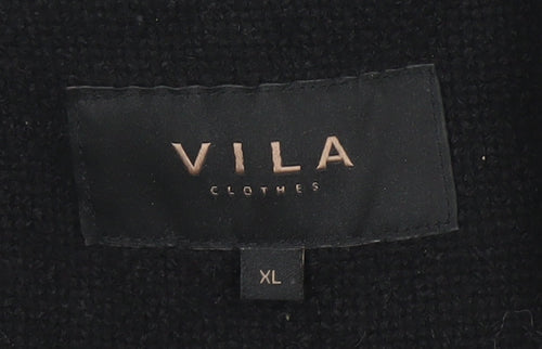 Vila Women’s Black Wool Blend Mid-Length Coat XL Button Classic Style