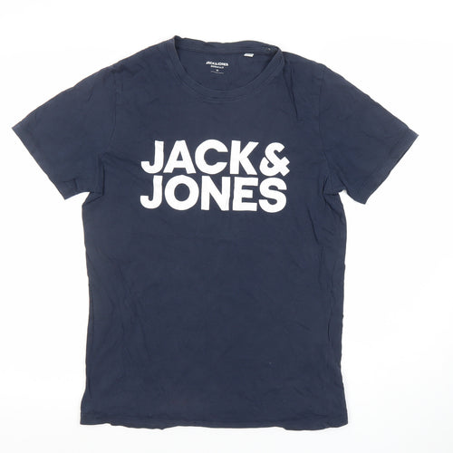 Jack & Jones Men’s Blue Graphic Logo Cotton Crew Neck T-Shirt Size M