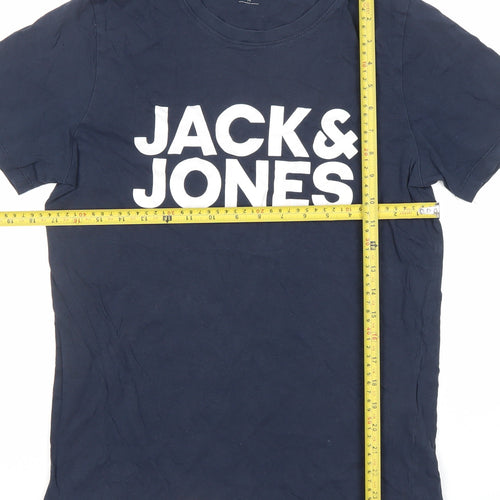 Jack & Jones Men’s Blue Graphic Logo Cotton Crew Neck T-Shirt Size M