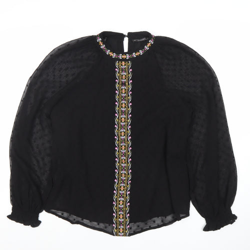 Dunnes Womens Black Embroidered Chiffon Bohemian Blouse M