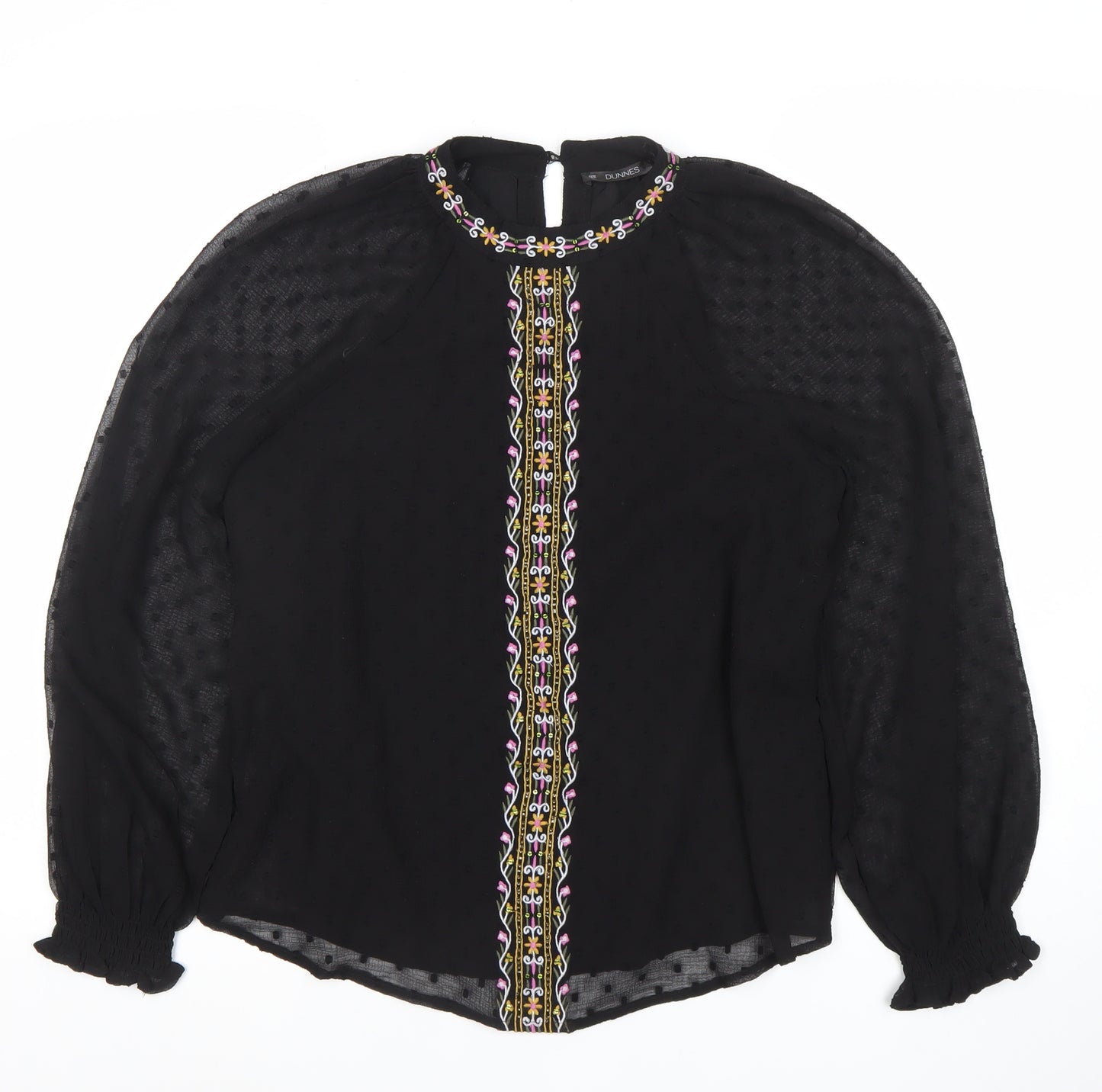 Dunnes Womens Black Embroidered Chiffon Bohemian Blouse M
