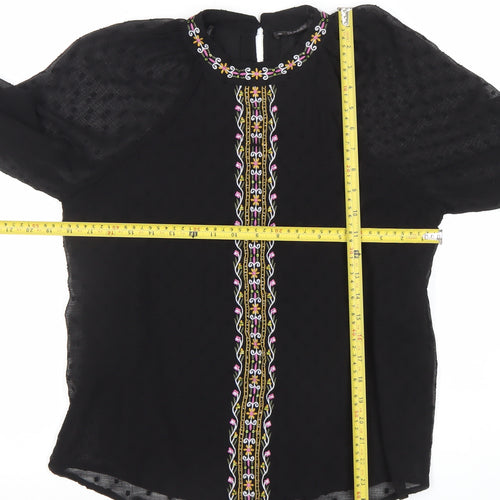 Dunnes Womens Black Embroidered Chiffon Bohemian Blouse M