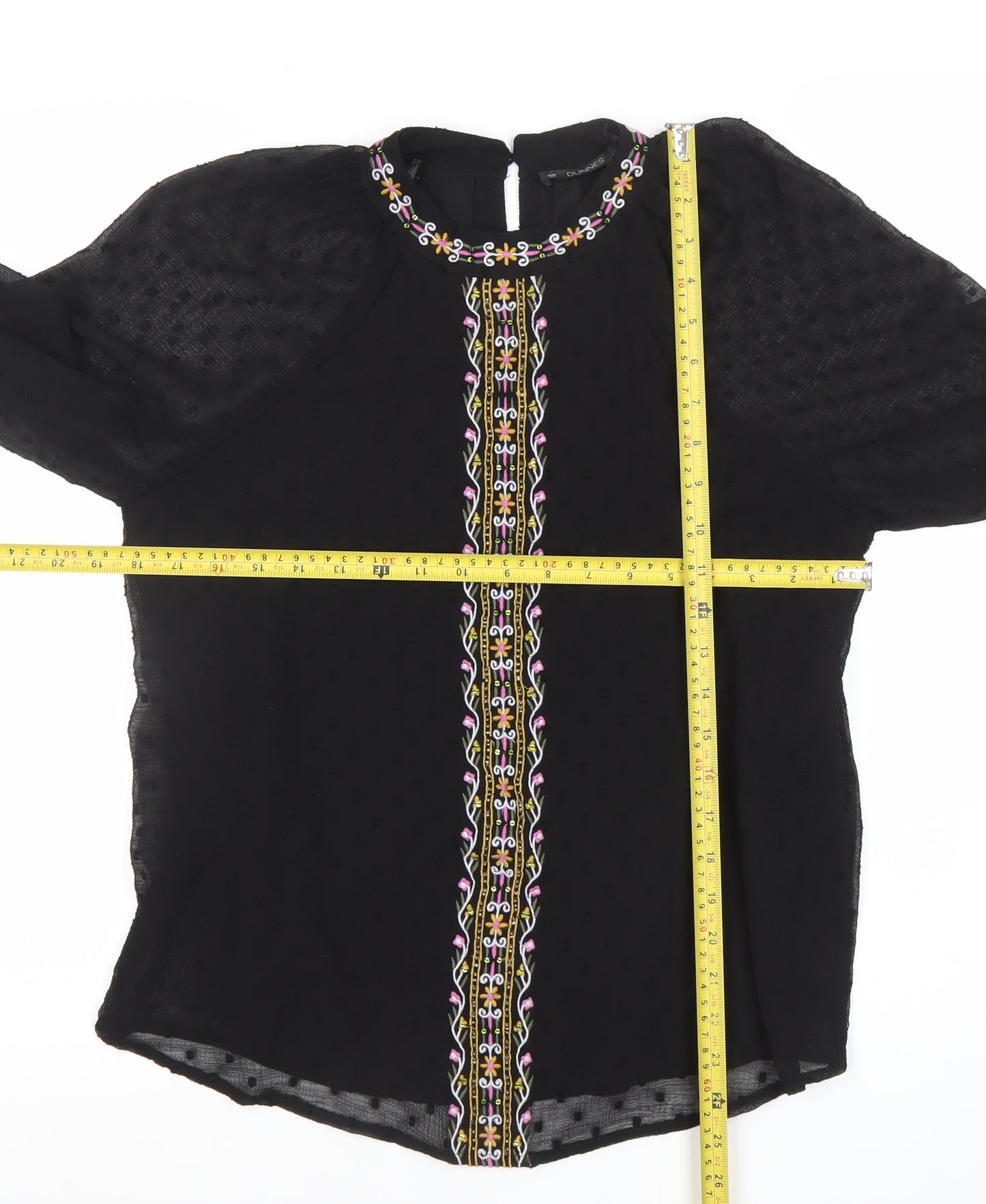 Dunnes Womens Black Embroidered Chiffon Bohemian Blouse M