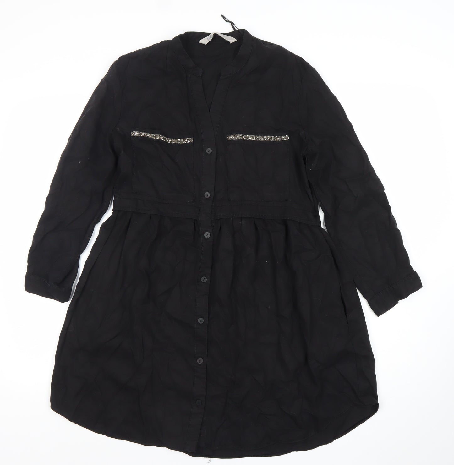 Zara Women Black Lyocell Long Sleeve Shirt Dress XS
