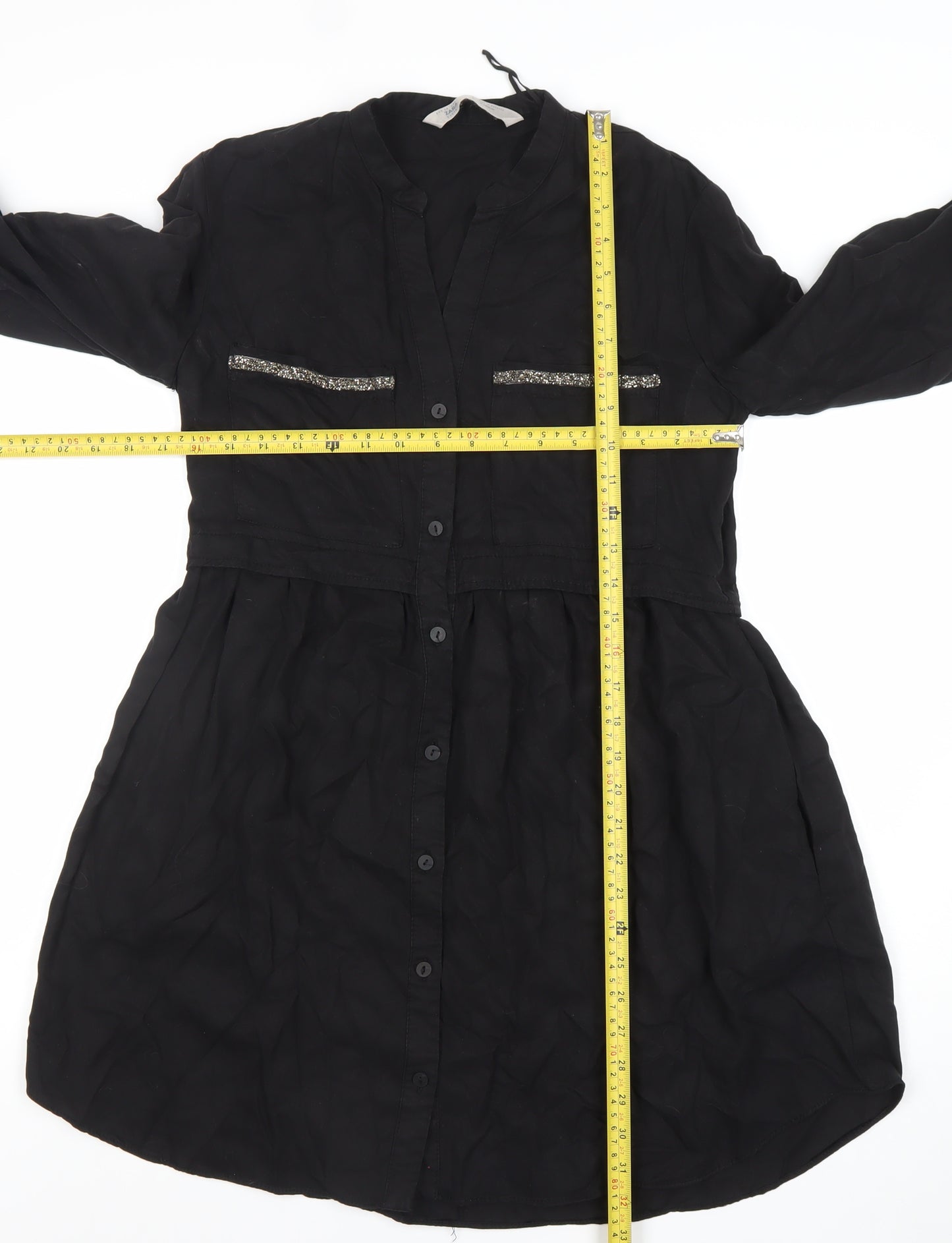 Zara Women Black Lyocell Long Sleeve Shirt Dress XS