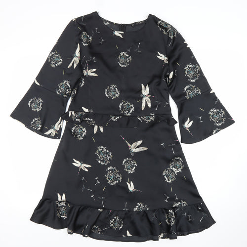 Zara Women Black Floral Ruffle Shift Dress Size 12
