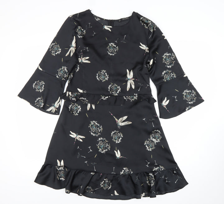 Zara Women Black Floral Ruffle Shift Dress Size 12