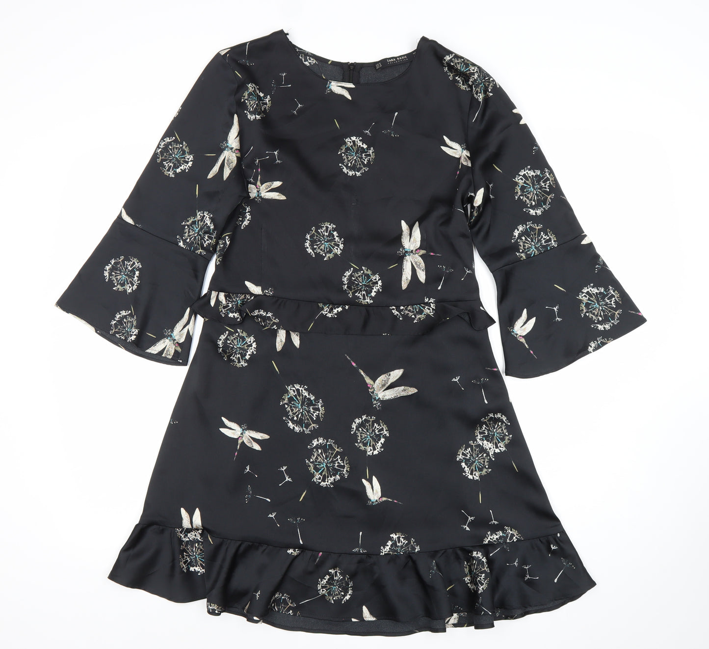 Zara Women Black Floral Ruffle Shift Dress Size 12