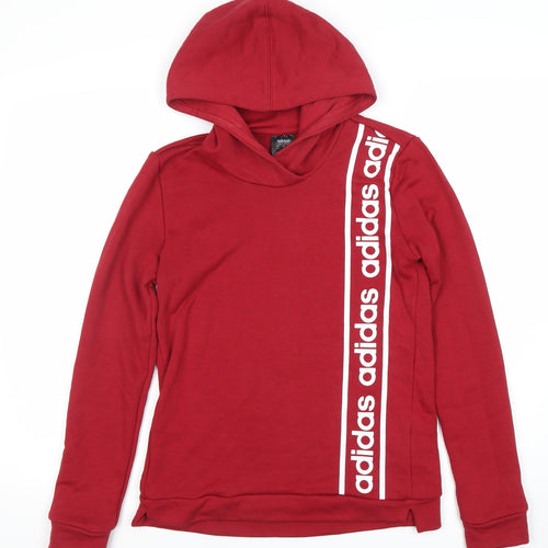 Adidas Women Red Pullover Hoodie Small Logo Print Cotton Blend