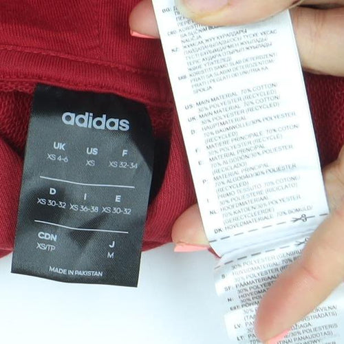 Adidas Women Red Pullover Hoodie Small Logo Print Cotton Blend