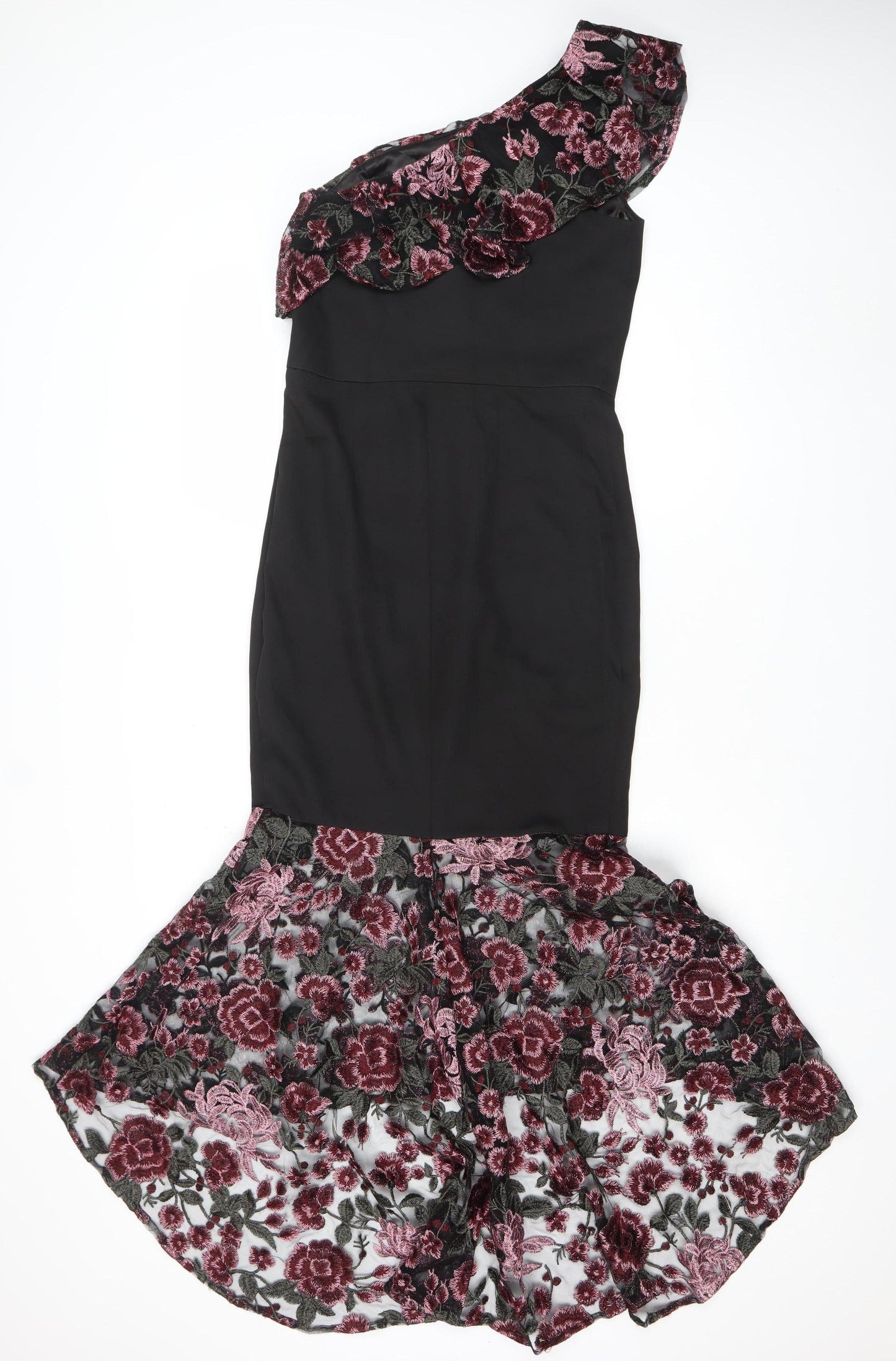 Chi Chi London Women's Black Floral Lace One Shoulder Midi Dress Size 10