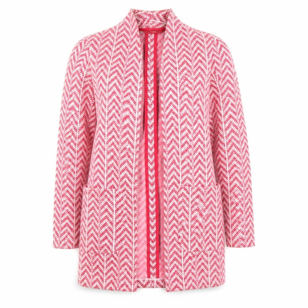 Front view of Next Women’s Pink Herringbone Coatigan, size UK 8, Mid-Length Open Front
