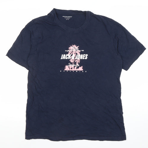 Jack & Jones Mens Blue Graphic Print Cotton T-Shirt Size L