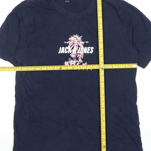 Jack & Jones Mens Blue Graphic Print Cotton T-Shirt Size L