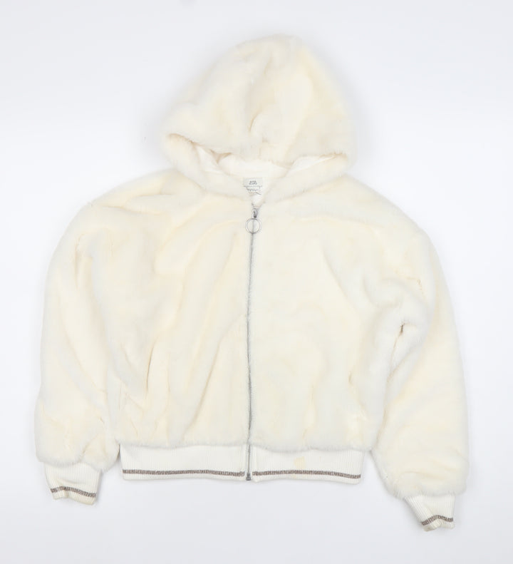 River Island Girls Ivory Faux Fur Hooded Bomber Jacket 11-12 Years