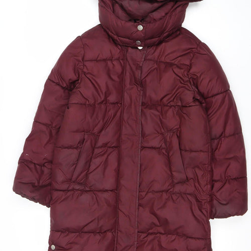 H&M Girls Red Hooded Puffer Coat 10 Years Long Quilted Winter Jacket