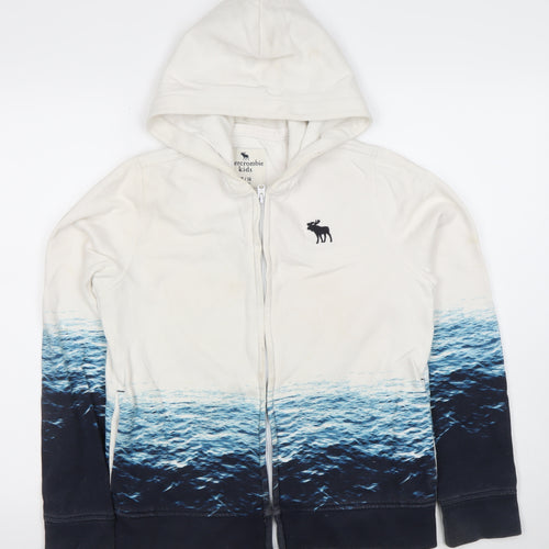 Abercrombie Kids Boys White Blue Ocean Print Full Zip Hoodie 13-14 Years