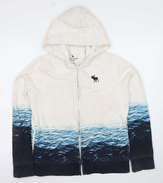 Front view of Abercrombie & Fitch Kids boys’ white blue ocean print full zip hoodie 13-14 years