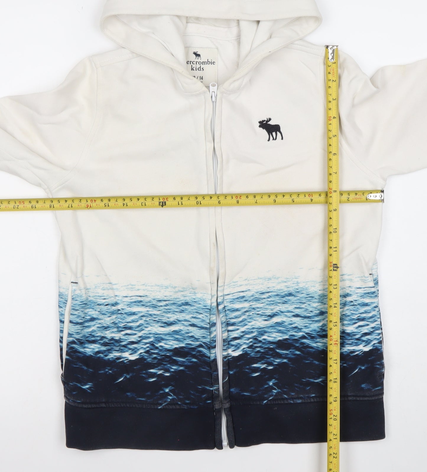 Abercrombie Kids Boys White Blue Ocean Print Full Zip Hoodie 13-14 Years