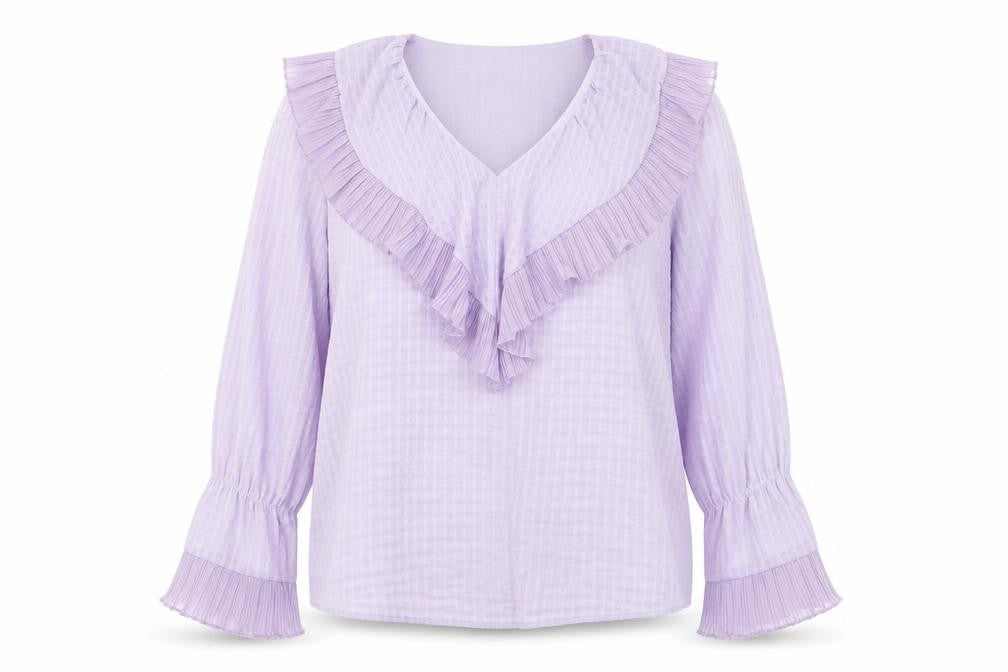 Front view of Gallery Women’s Purple Ruffle Long Sleeve Blouse, size UK 12
