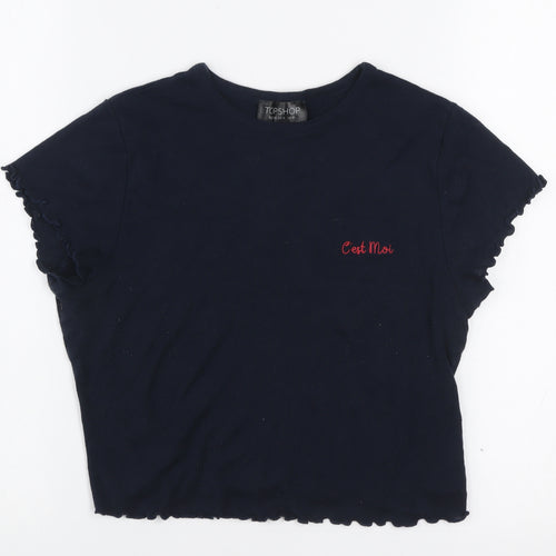 Topshop Women's Blue Cropped Embroidered Cotton T-Shirt Size 8
