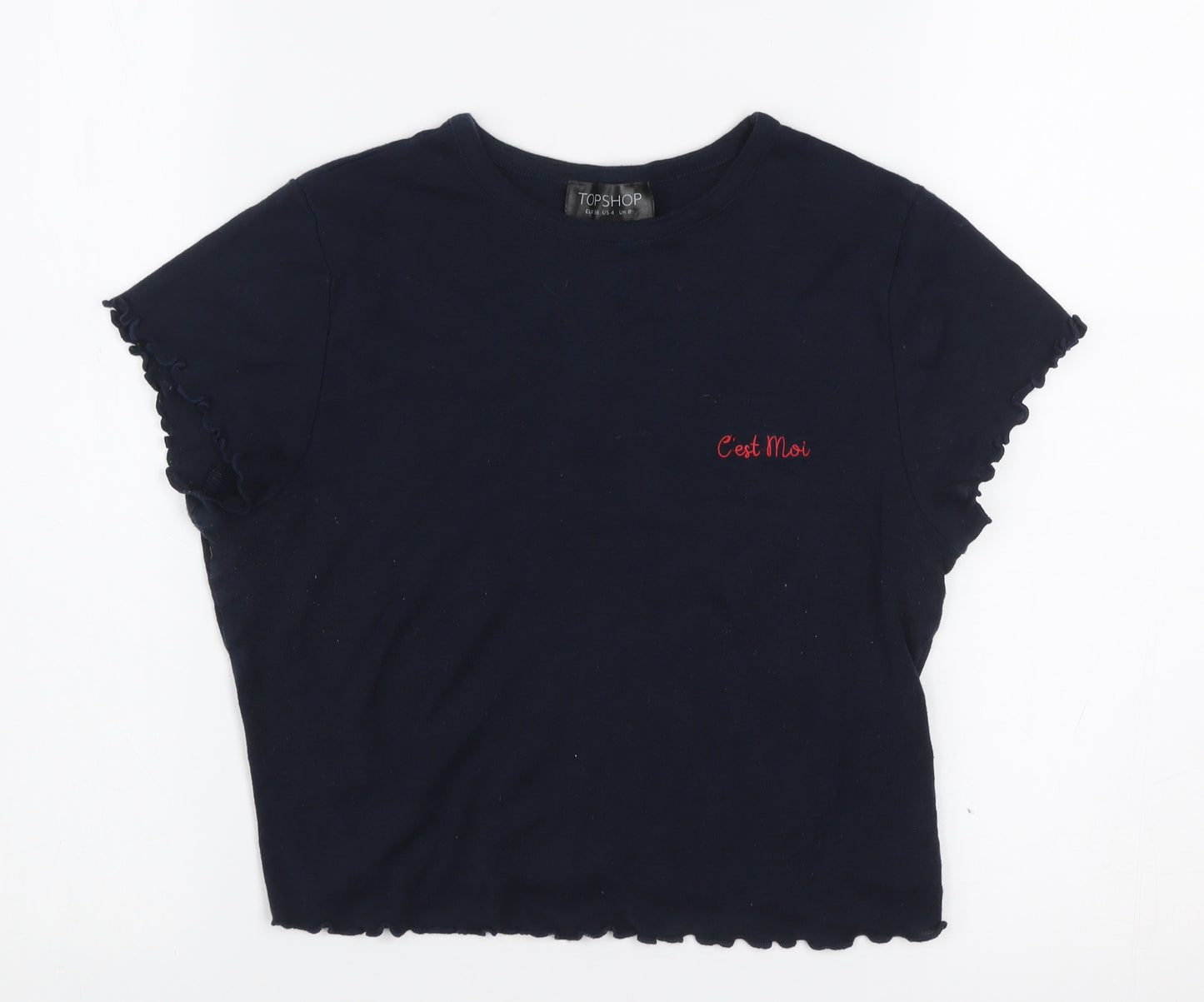 Topshop Women's Blue Cropped Embroidered Cotton T-Shirt Size 8