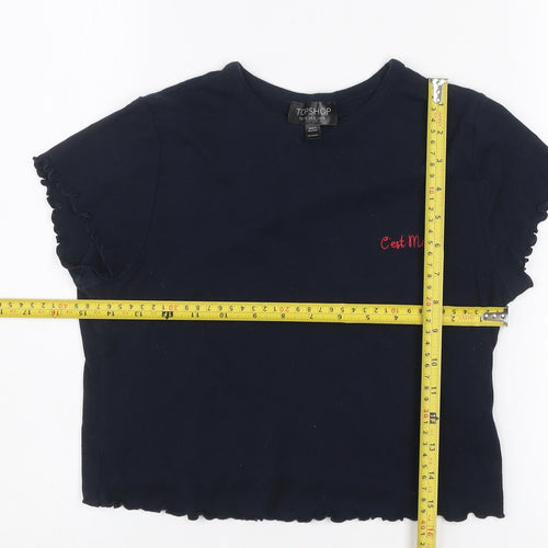 Topshop Women's Blue Cropped Embroidered Cotton T-Shirt Size 8