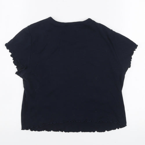 Topshop Women's Blue Cropped Embroidered Cotton T-Shirt Size 8