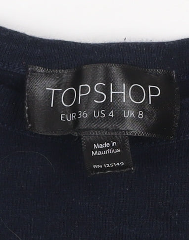 Topshop Women's Blue Cropped Embroidered Cotton T-Shirt Size 8