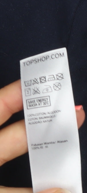 Topshop Women's Blue Cropped Embroidered Cotton T-Shirt Size 8