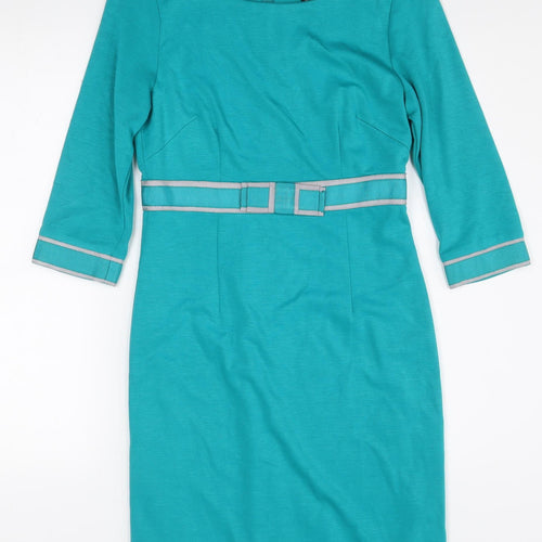 Fever Women Blue Sheath Knee Length Dress Size 8 3/4 Sleeve Belted