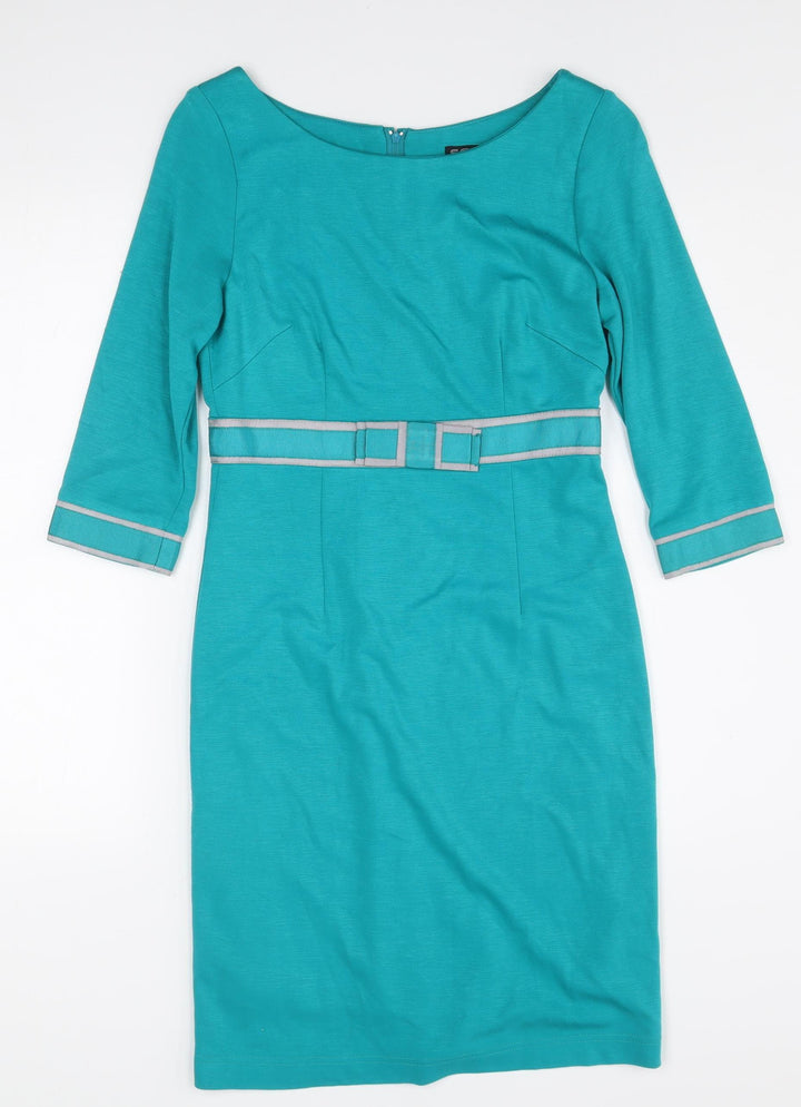 Fever Women Blue Sheath Knee Length Dress Size 8 3/4 Sleeve Belted