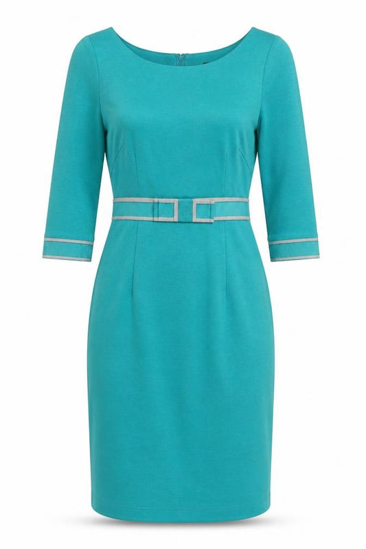 Front view of Fever Women Blue Sheath Knee Length Dress, size 8, 3/4 Sleeve Belted