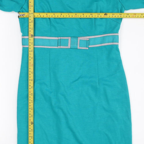 Fever Women Blue Sheath Knee Length Dress Size 8 3/4 Sleeve Belted