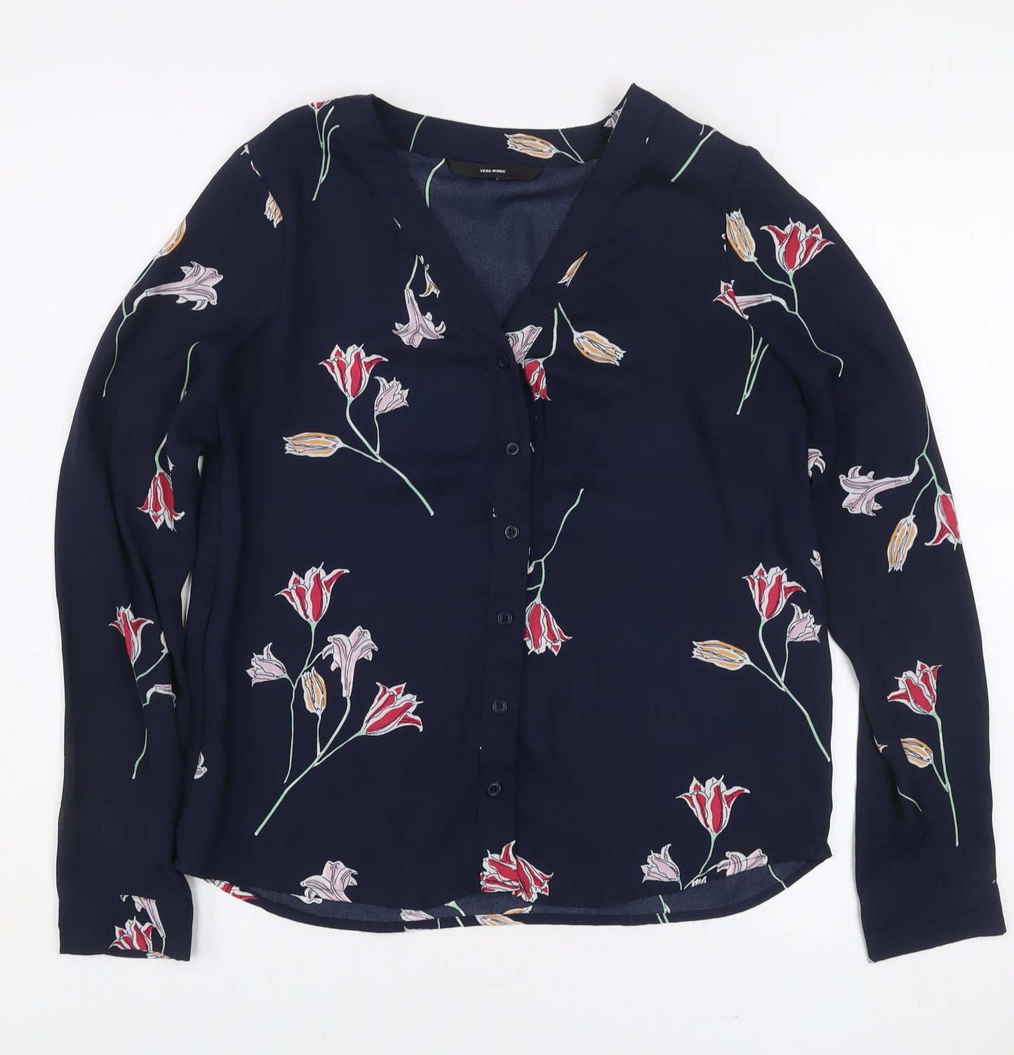 Vero Moda Women's Blue Floral Long Sleeve V-Neck Blouse XS
