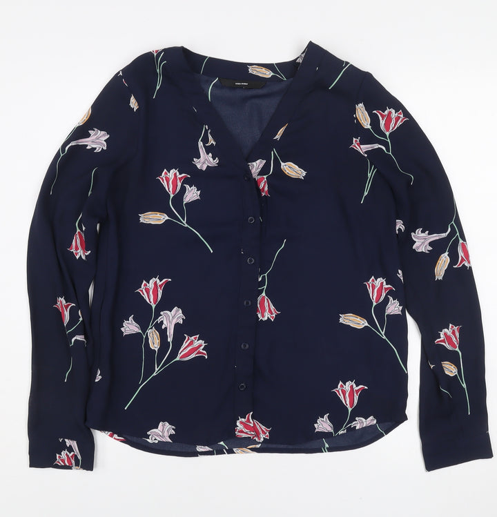 Vero Moda Women's Blue Floral Long Sleeve V-Neck Blouse XS