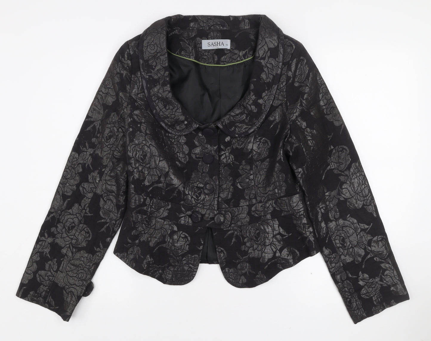 Sasha Women’s Black Floral Jacquard Shawl Collar Blazer Size 10