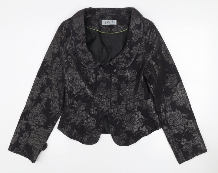 Sasha Women’s Black Floral Jacquard Shawl Collar Blazer Size 10