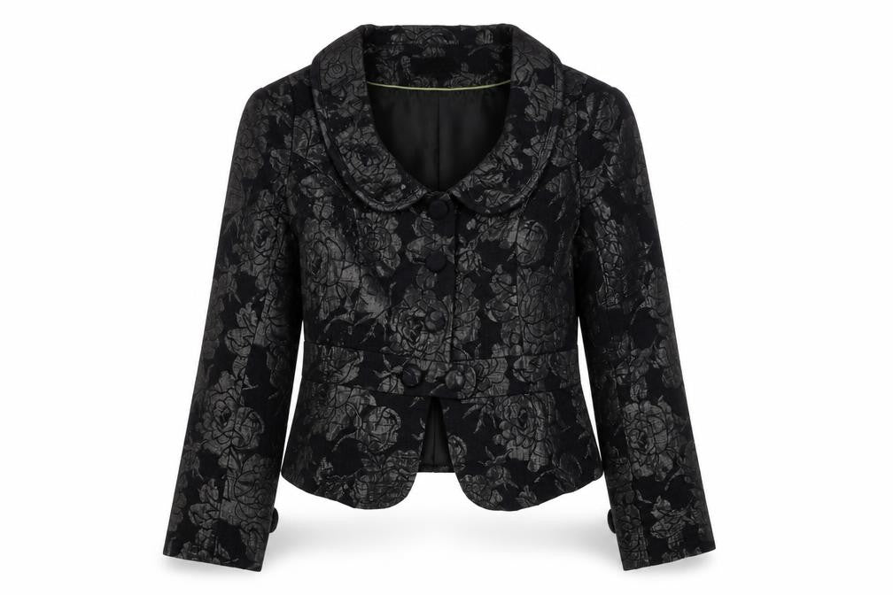 Sasha Women’s Black Floral Jacquard Shawl Collar Blazer Size 10