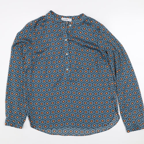 Gallery Women's Blue Geometric Long Sleeve Henley Blouse Size 8