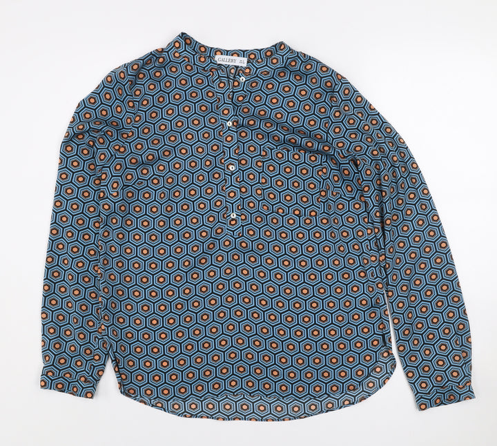 Gallery Women's Blue Geometric Long Sleeve Henley Blouse Size 8